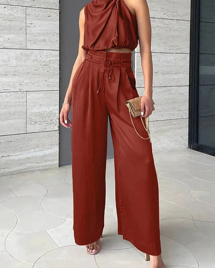 Women's Draped Halter Two Piece Set in Lightweight Fabric Blend