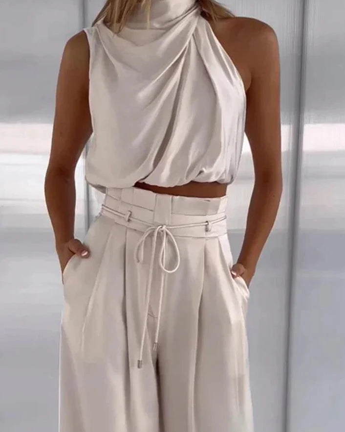 Women's Draped Halter Two Piece Set in Lightweight Fabric Blend