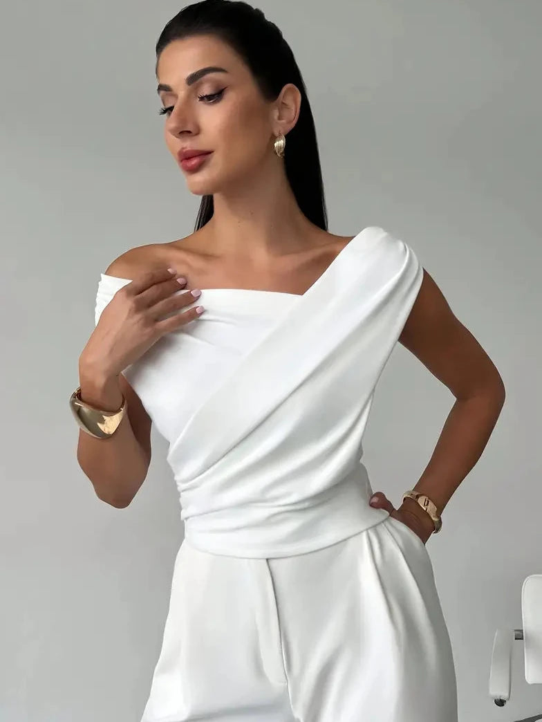 Womens Going Out Top with Off Shoulder Draped Neckline in Polyester