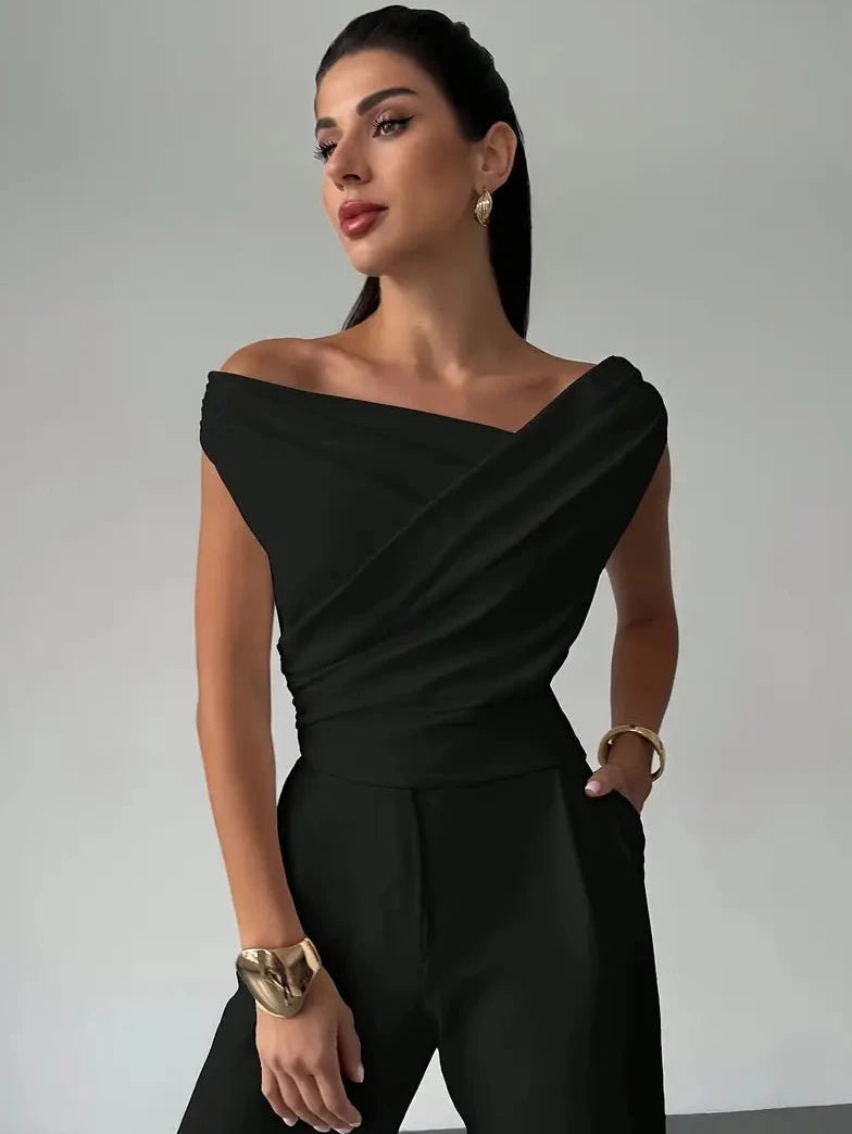 Womens Going Out Top with Off Shoulder Draped Neckline in Polyester