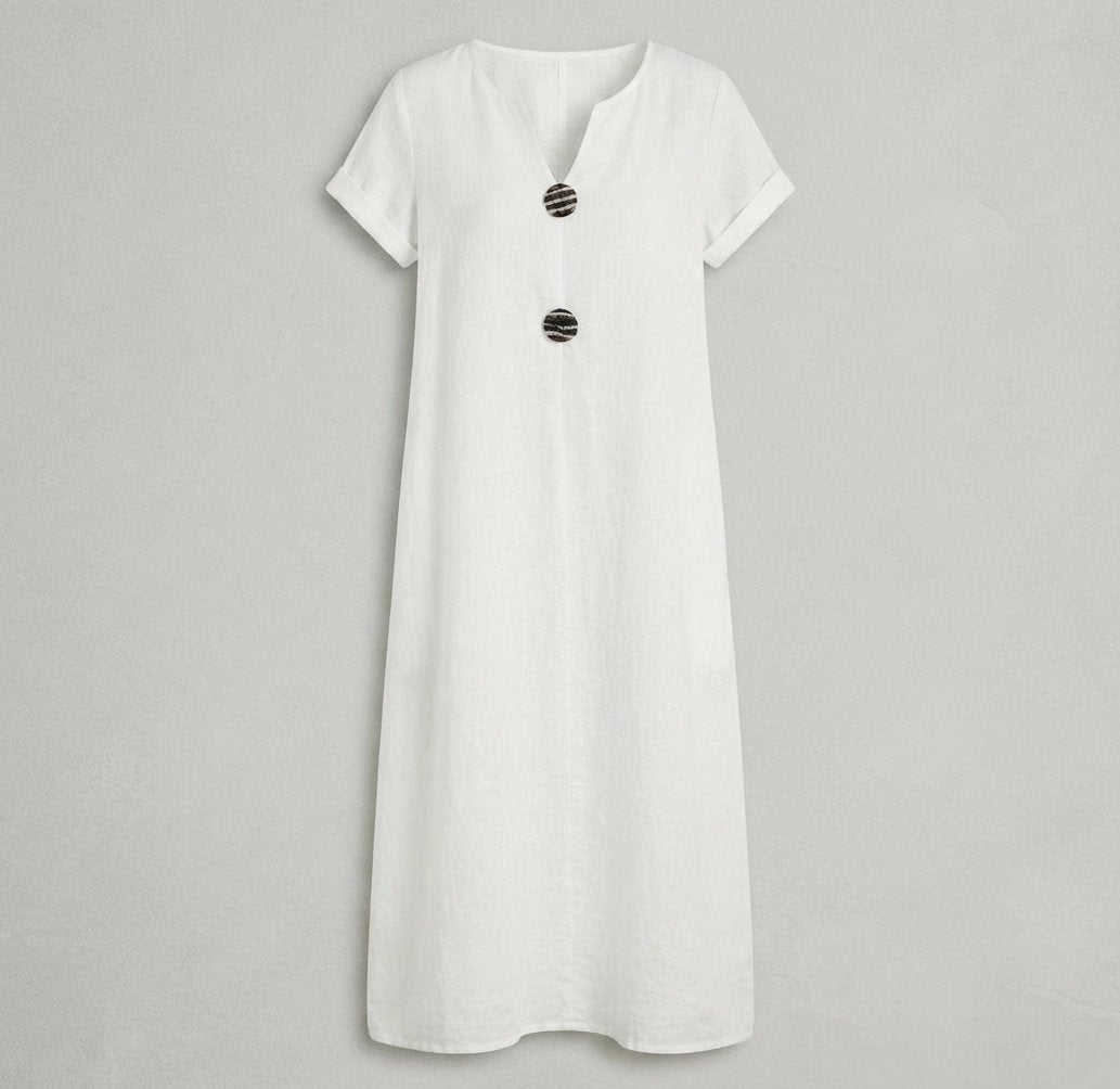 Womens Midi Dress in Cotton Linen with Notch Neck and Button Front