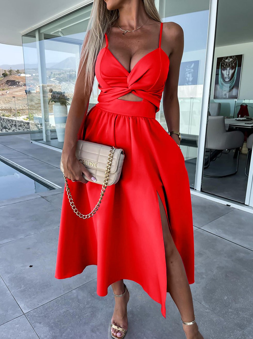 Women's Cut-Out Midi Dress with Sweetheart Neck and Leg Split