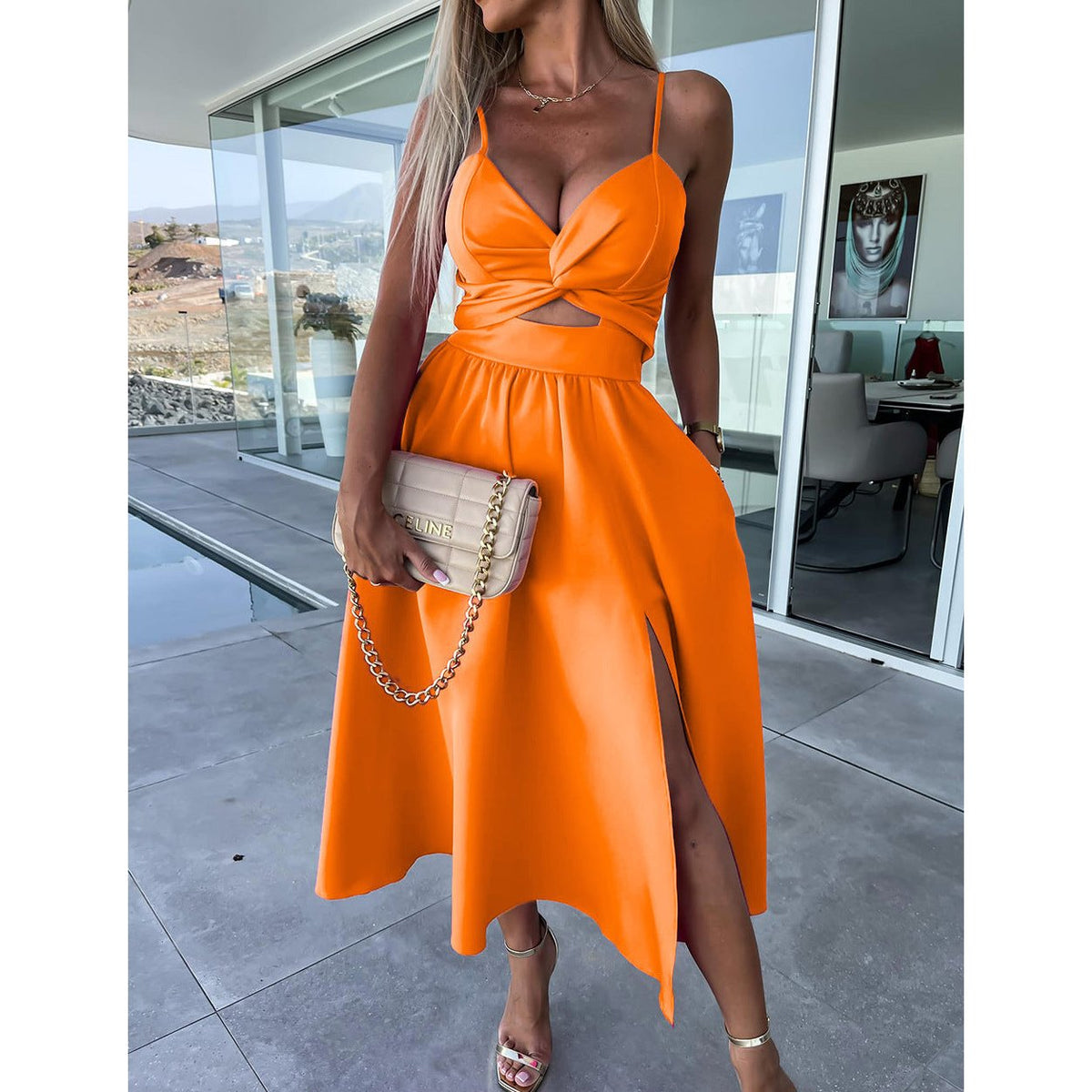 Women's Cut-Out Midi Dress with Sweetheart Neck and Leg Split