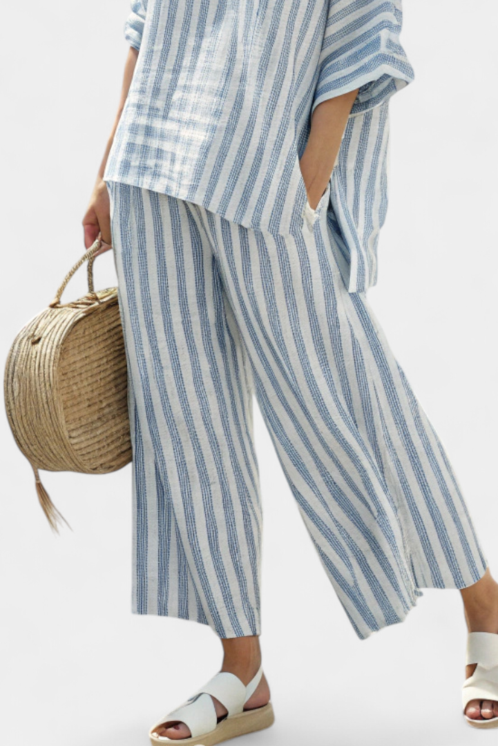 Womens Linen Trousers Set with Boxy Striped Top and Wide Leg Crop