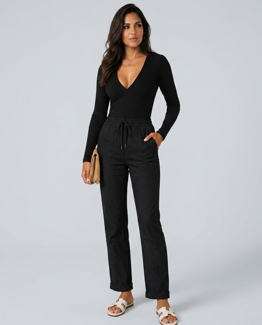 Womens Linen Trousers with Elastic Waist, Straight Leg and Rolled Hem