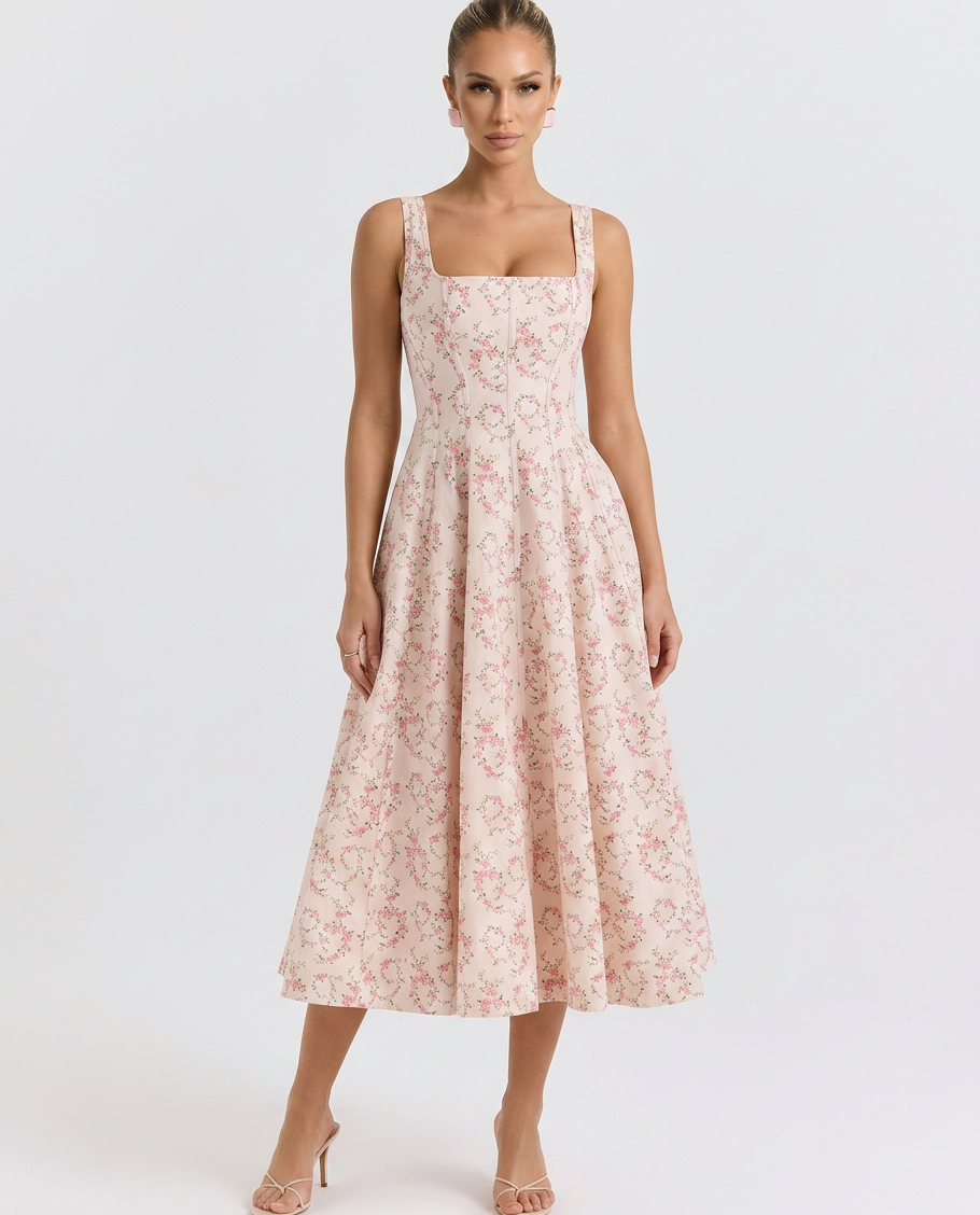 Women's Floral Cotton Midi Dress with Lace-Up Back