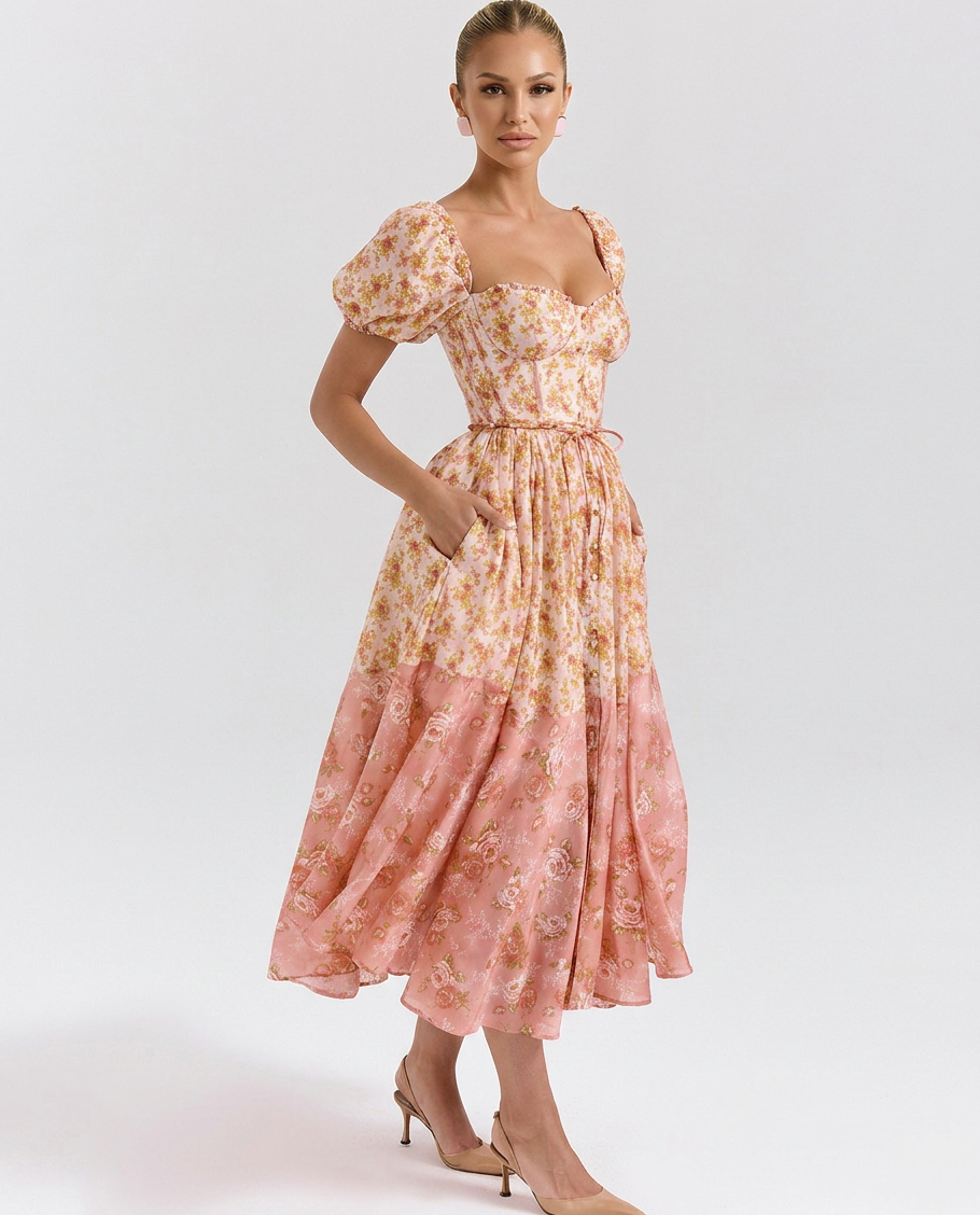 Midi Dress with Floral Print in Polyester for Women