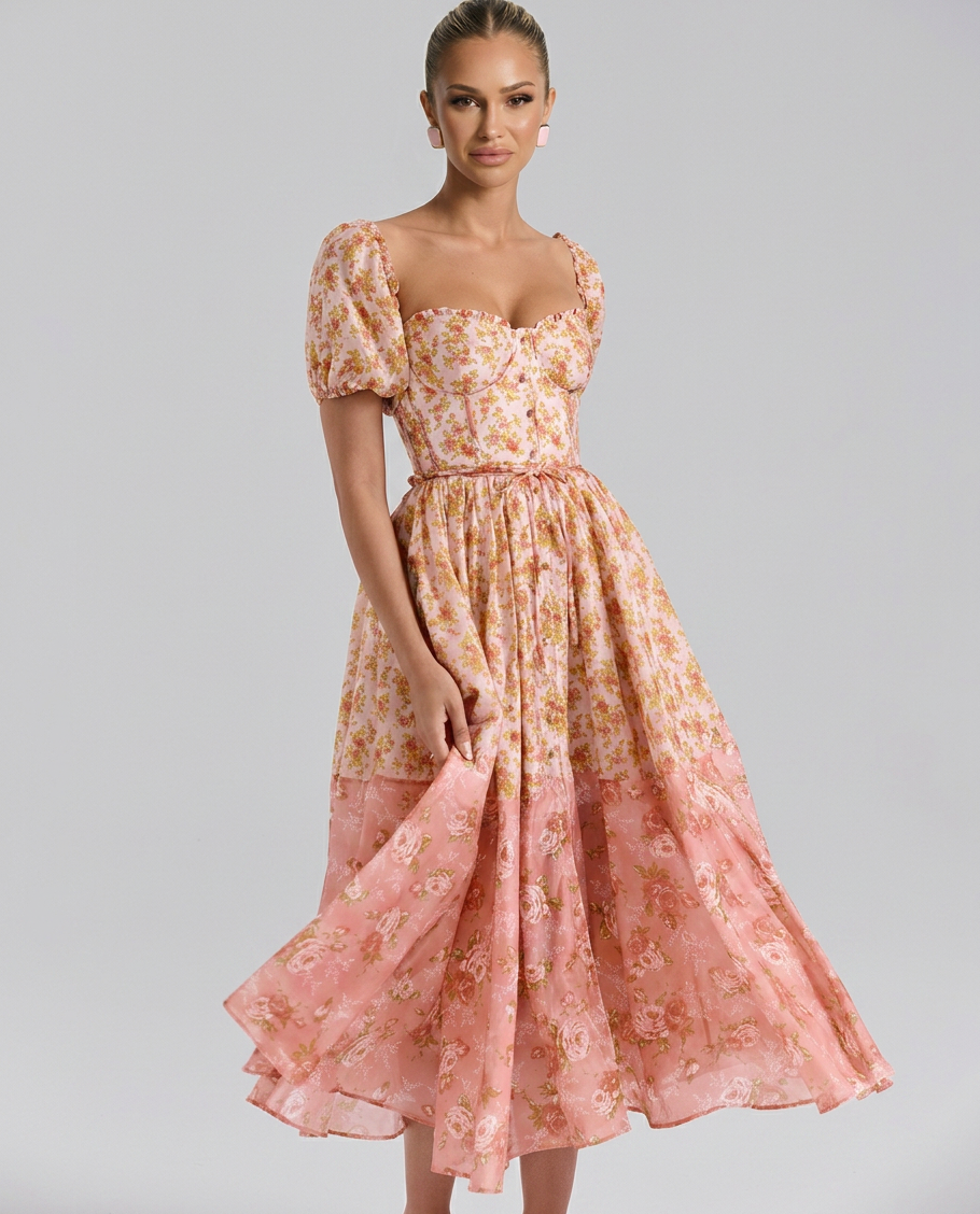 Midi Dress with Floral Print in Polyester for Women
