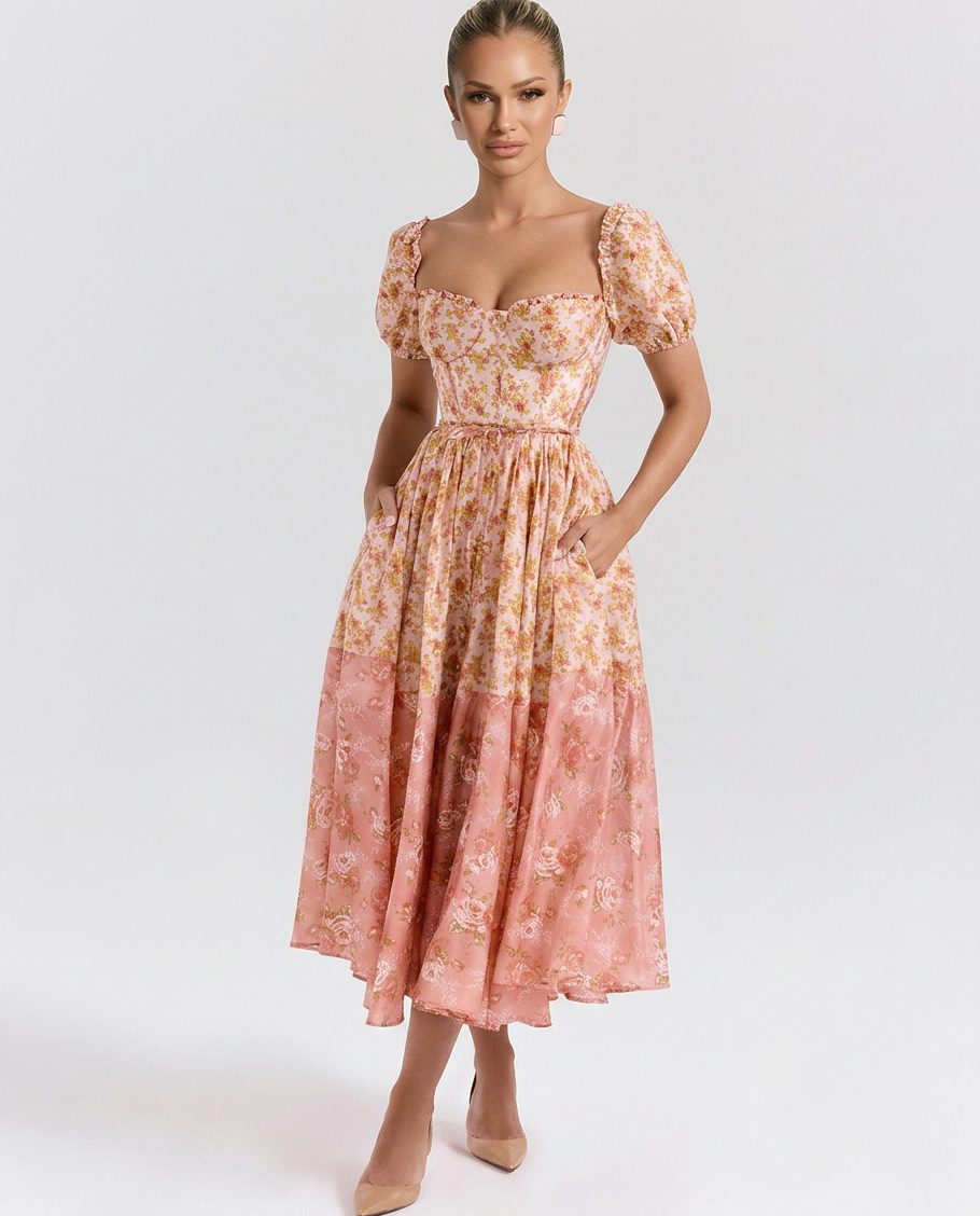 Midi Dress with Floral Print in Polyester for Women