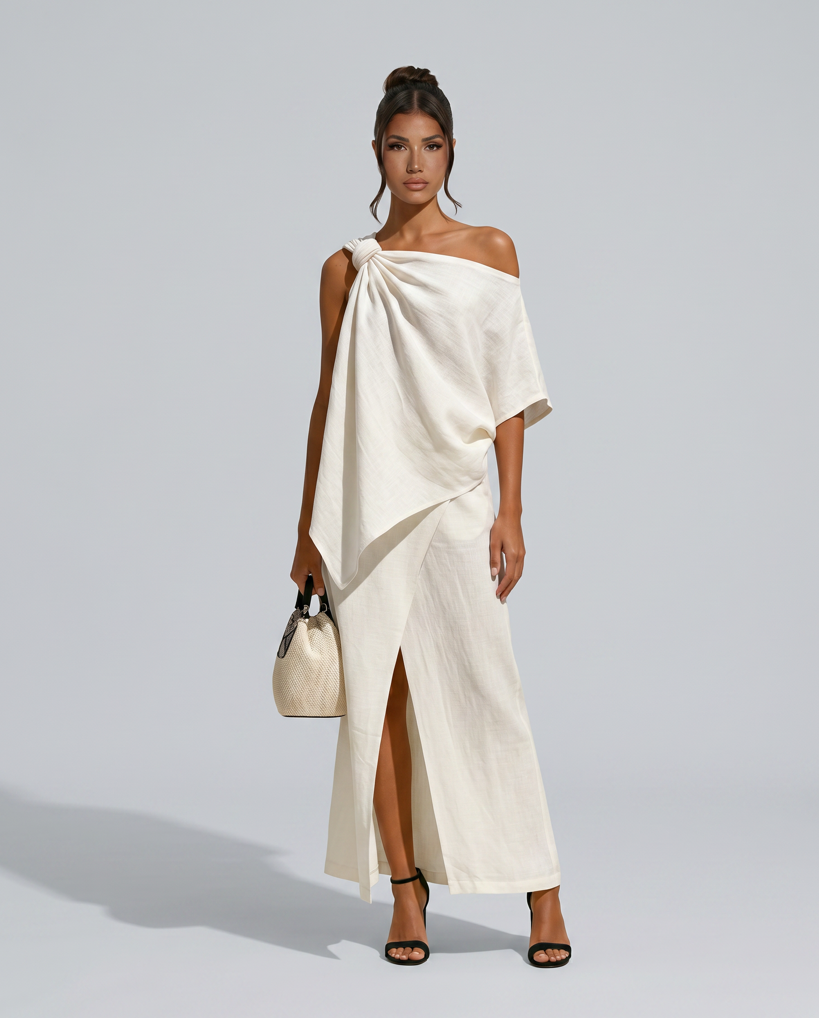 Asymmetric Maxi Skirt with Draped Linen-Blend Wrap