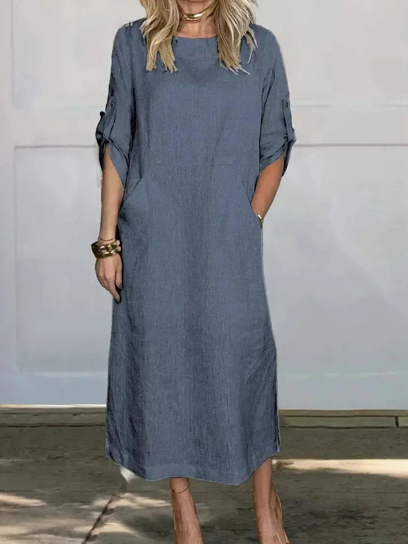 Womens Summer Dress in Linen Look with Roll Tab Sleeves and Pockets