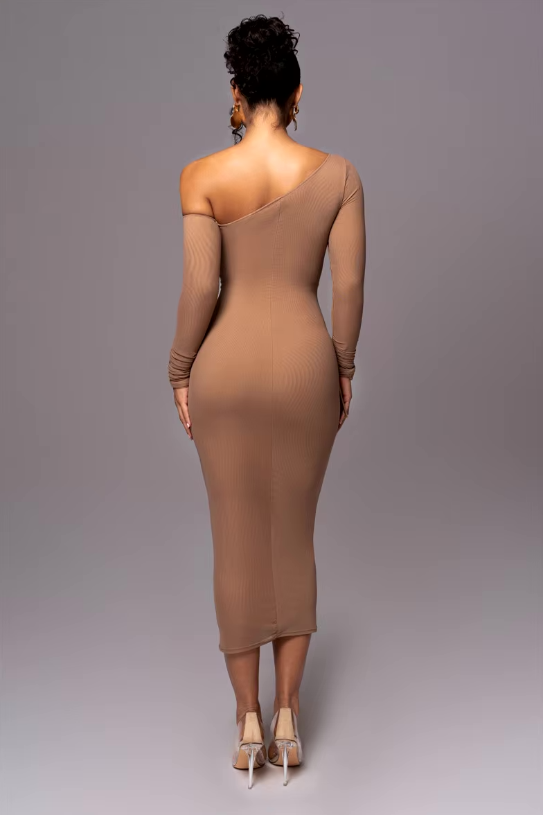 Midi Dress with One Shoulder Cutout and Ruched Bodycon Fit