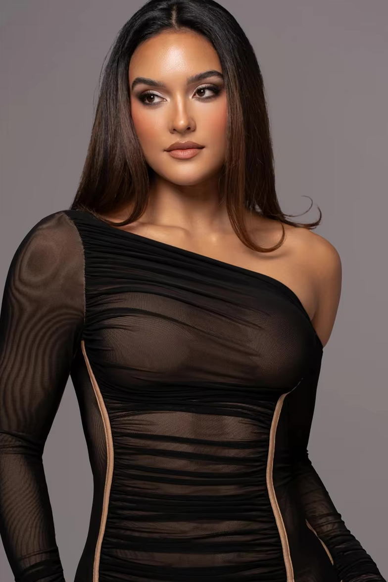 Midi Dress with One Shoulder Cutout and Ruched Bodycon Fit