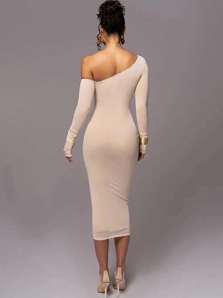 Midi Dress with One Shoulder Cutout and Ruched Bodycon Fit