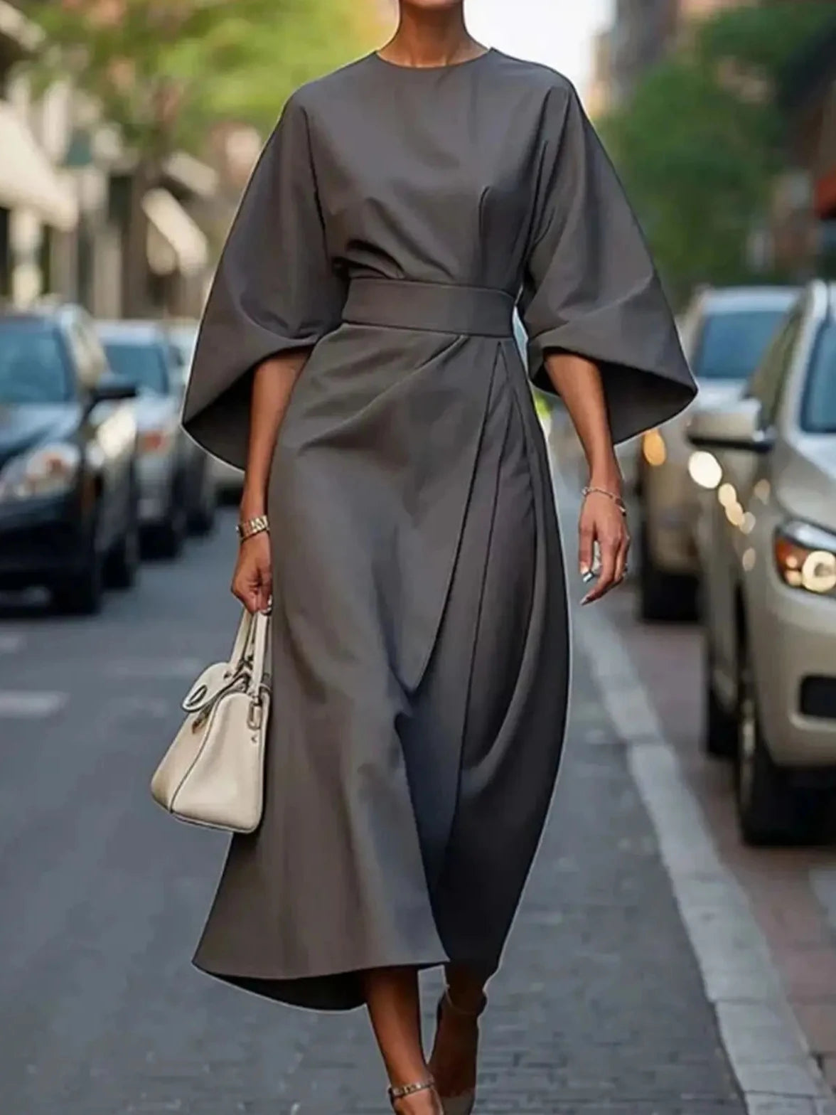 Women's Midi Dress with Wrap Skirt and Batwing Sleeves