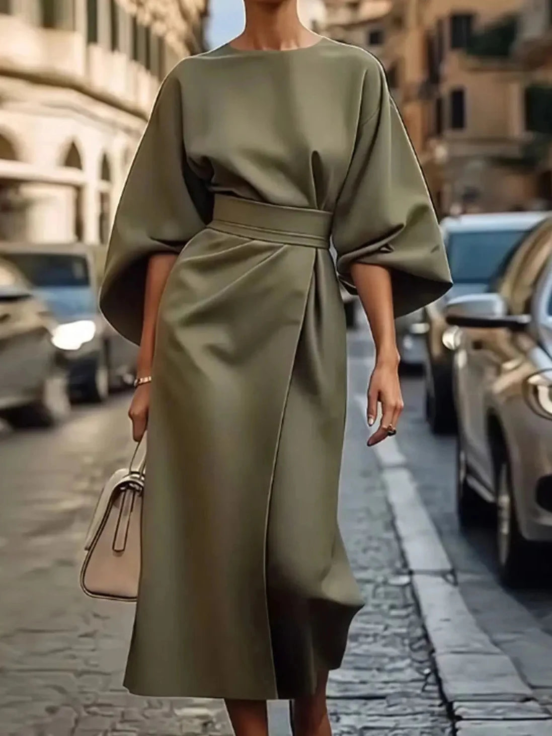 Women's Midi Dress with Wrap Skirt and Batwing Sleeves