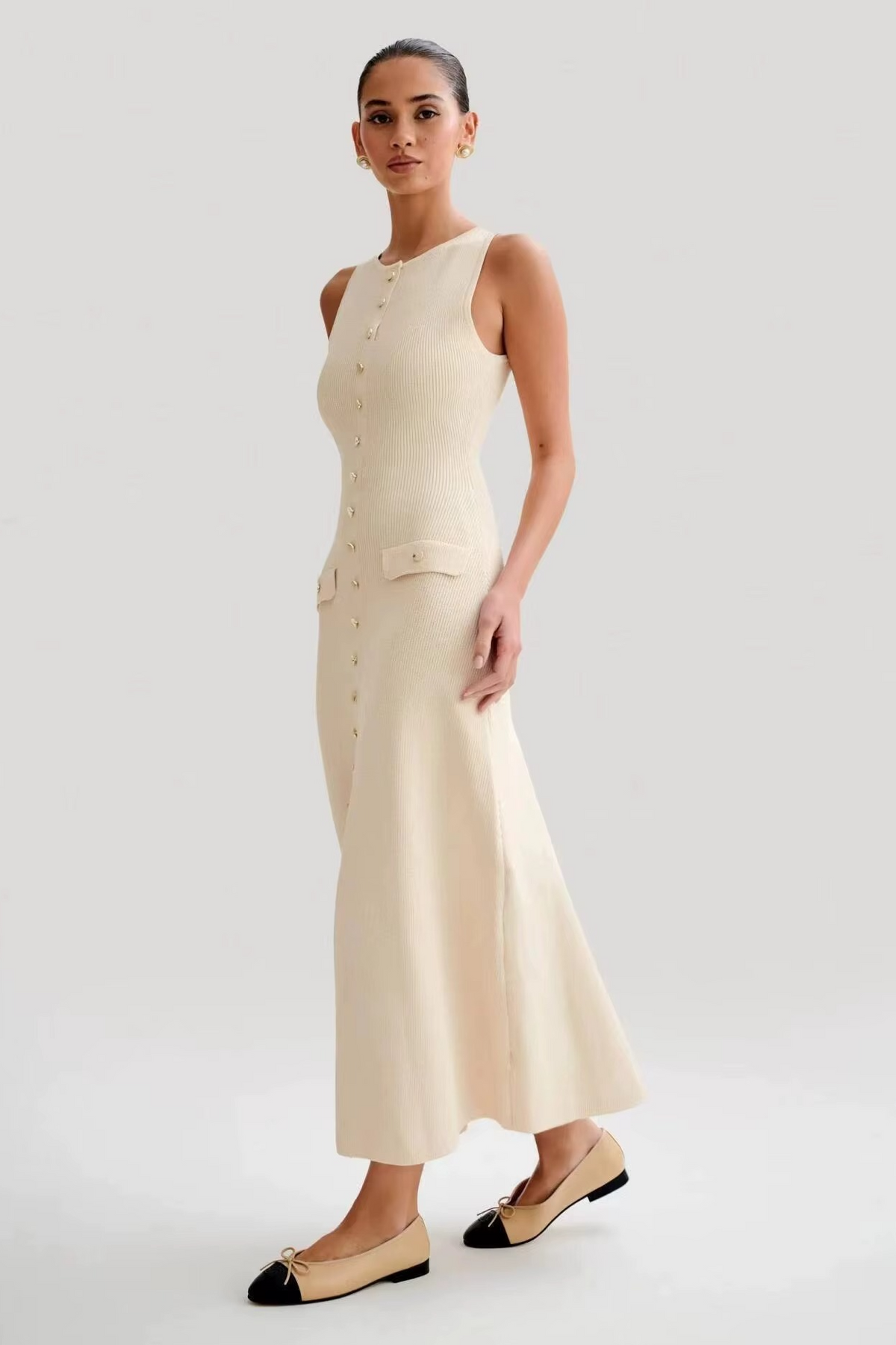 Women's Button-Front Rib-Knit Midi Dress