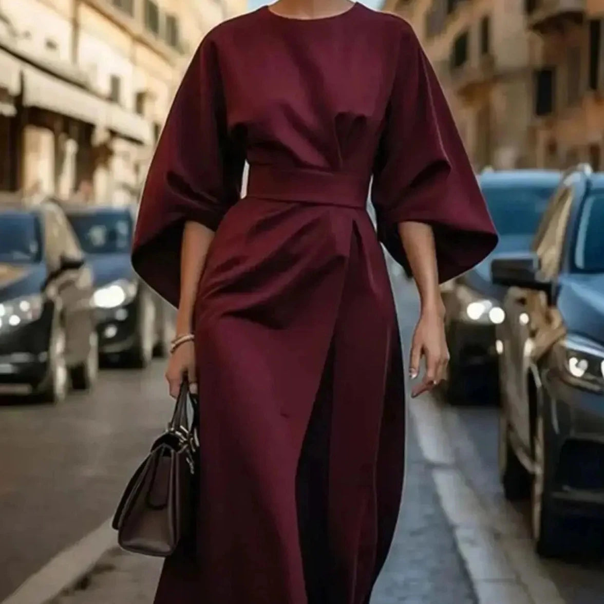 Women's Midi Dress with Wrap Skirt and Batwing Sleeves