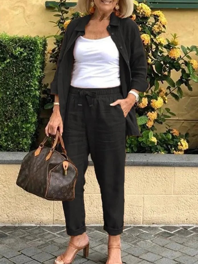 Womens Two Piece Trouser Set with Linen Shirt and Drawstring Pants