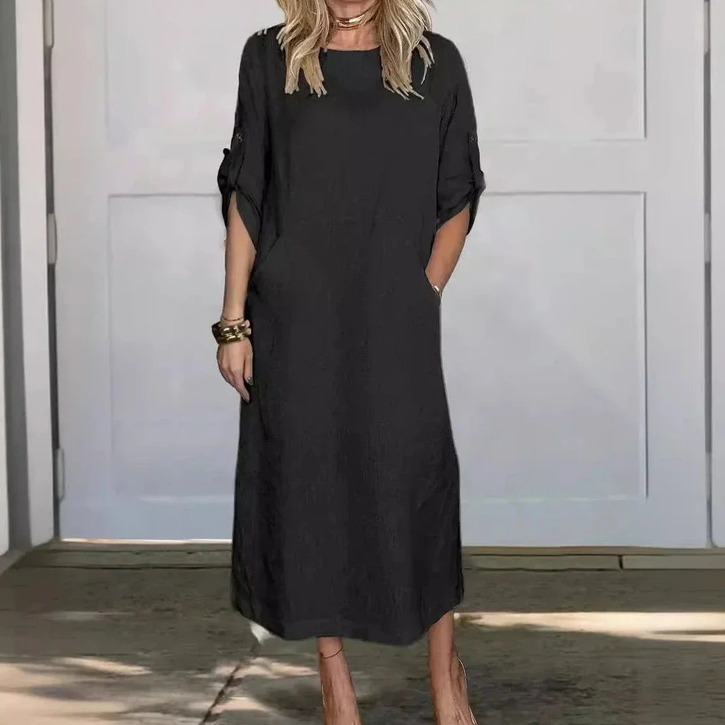 Womens Summer Dress in Linen Look with Roll Tab Sleeves and Pockets