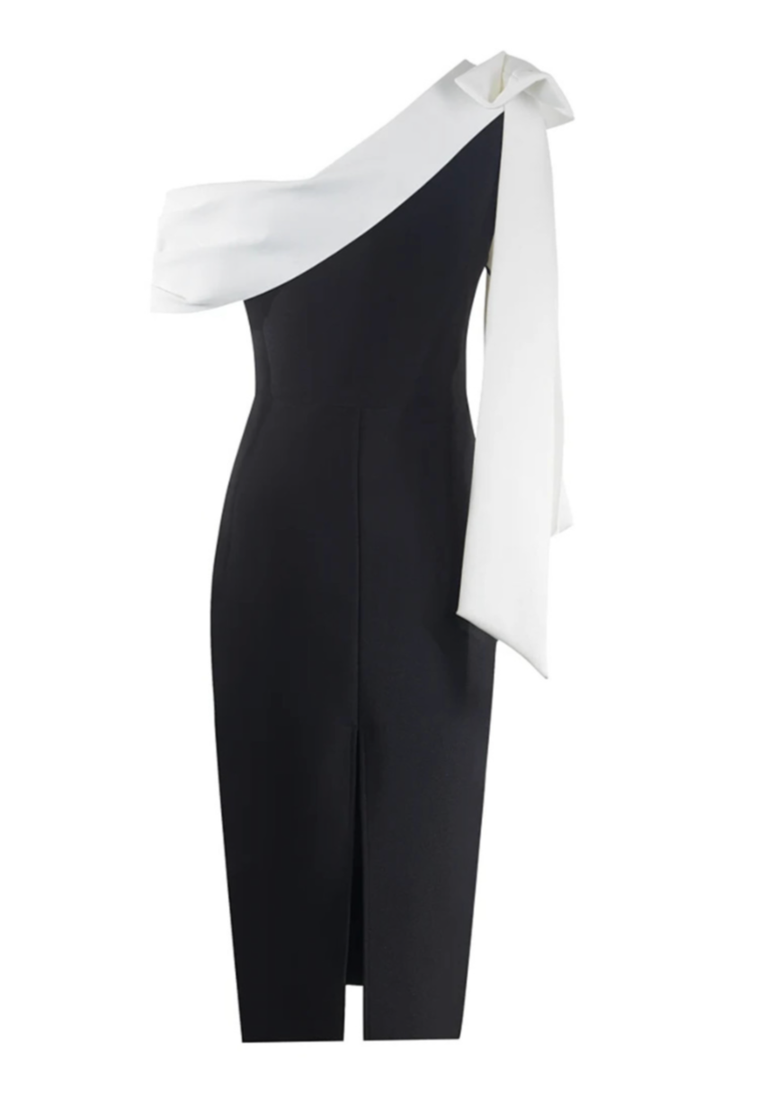 Women's Midi Dress with Asymmetric Neckline in Stretch Fabric