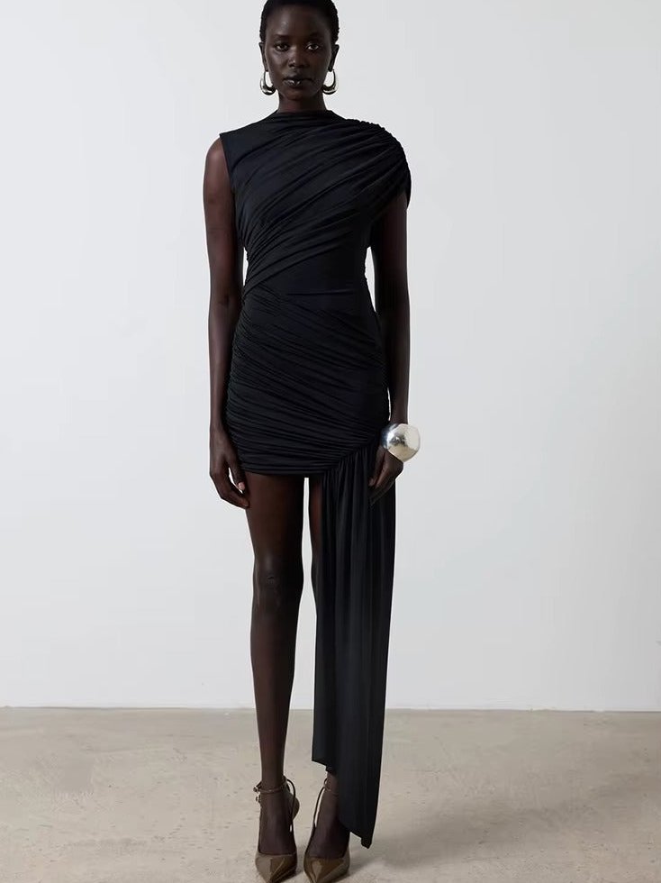 Women's Ruched Mini Dress with Train in Stretch Jersey