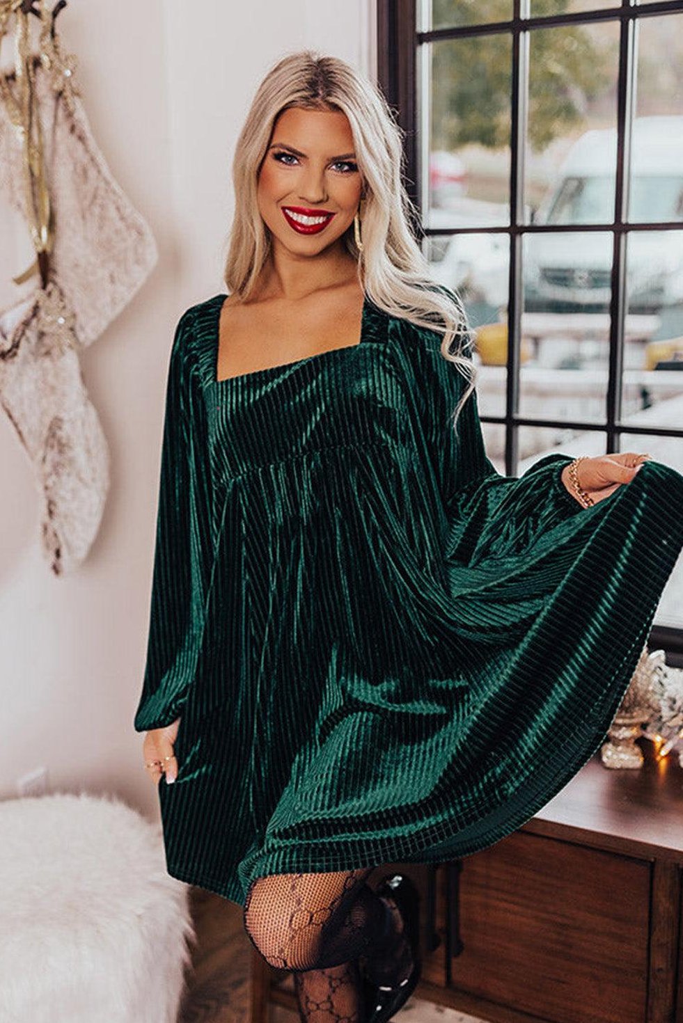 Babydoll Mini Dress with Square Neckline in Velvet-Feel Fabric