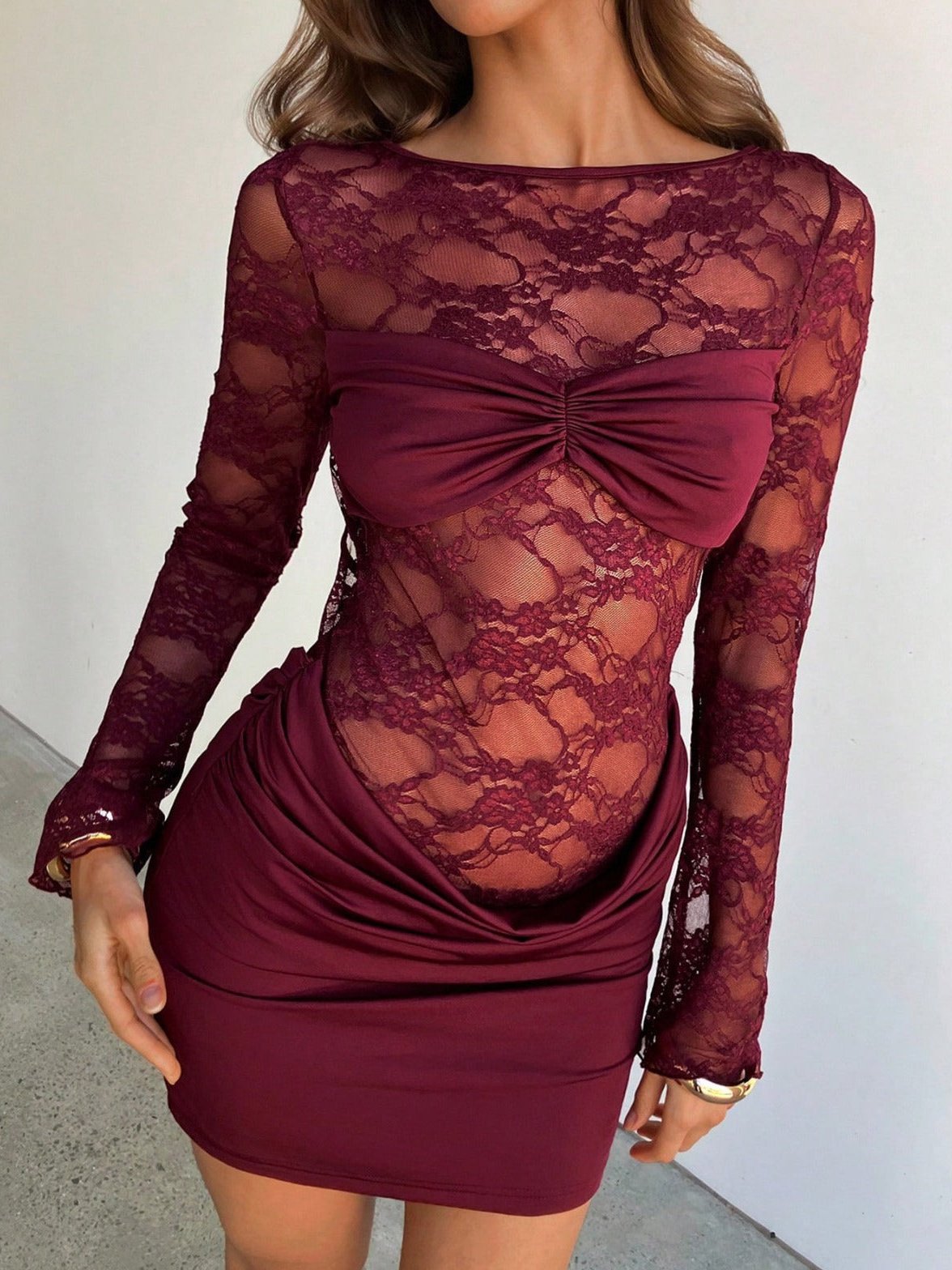Women's Mini Dress with Open Back in Floral Lace and Long Sleeves