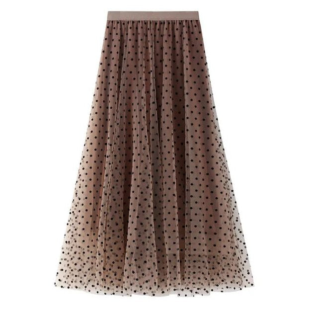 Womens Long Skirt with Polka Dot Tulle Layers and Elastic Waist