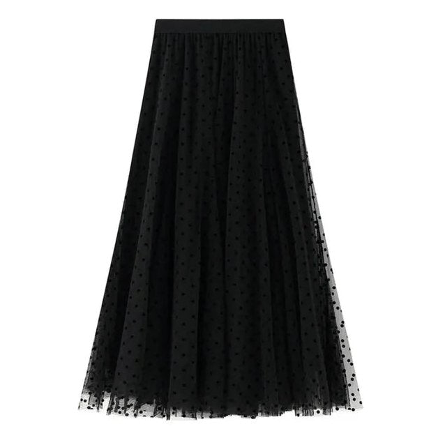 Womens Long Skirt with Polka Dot Tulle Layers and Elastic Waist