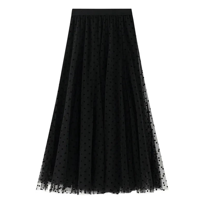 Womens Long Skirt with Polka Dot Tulle Layers and Elastic Waist