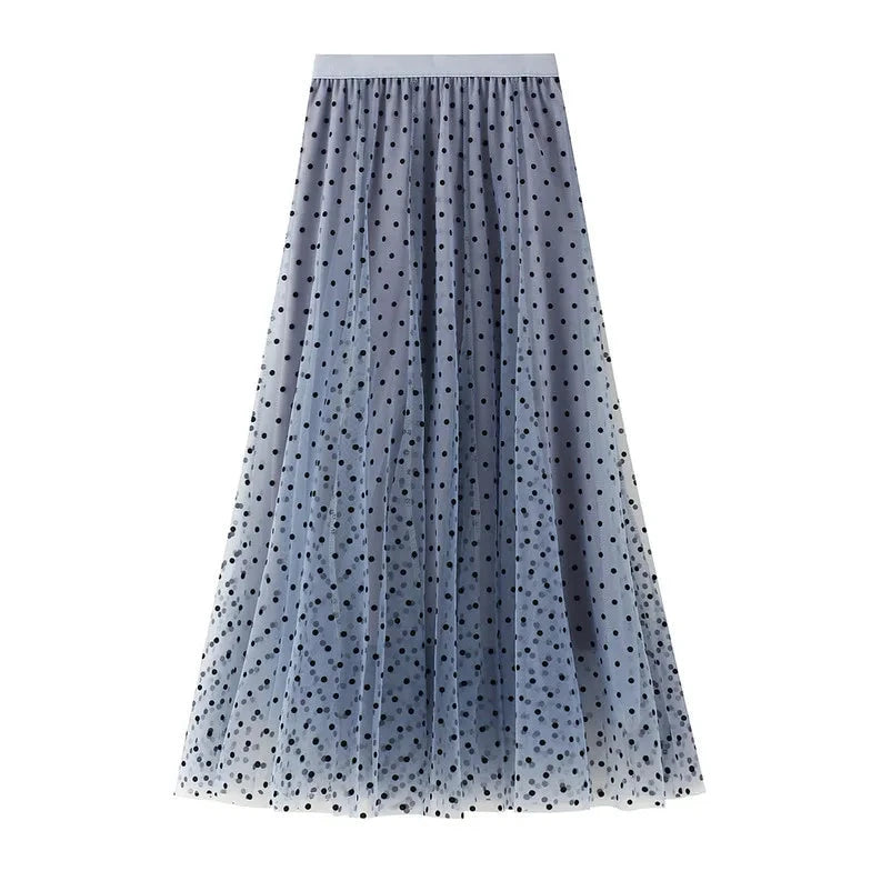 Womens Long Skirt with Polka Dot Tulle Layers and Elastic Waist