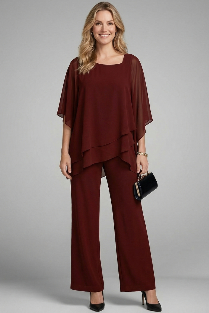 Women's Asymmetrical Chiffon Pant Set with Wide-Leg Trousers