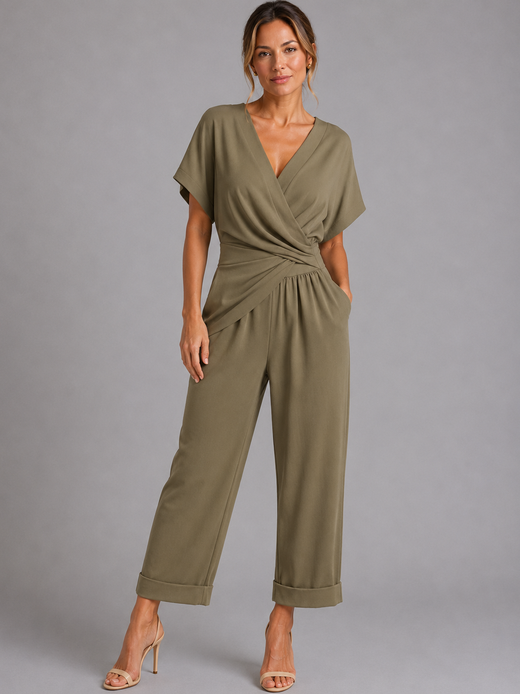 Women's Wrap Front Two Piece Set with Cropped Trousers