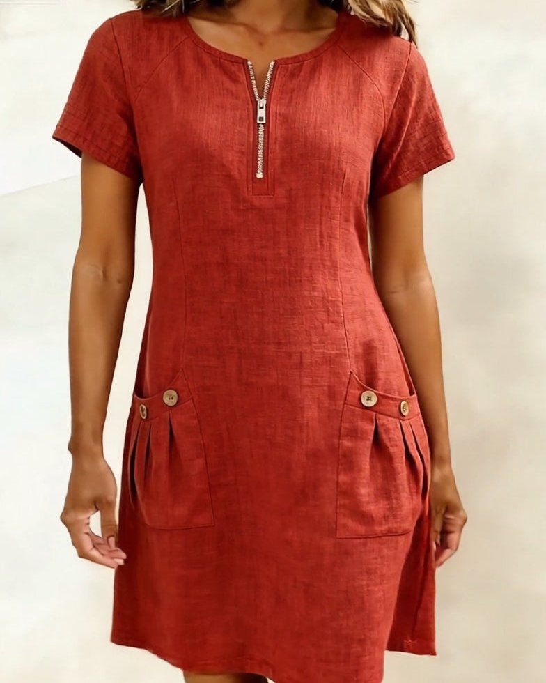 Womens Summer Dress in Linen with Half Zip Neck and Patch Pockets