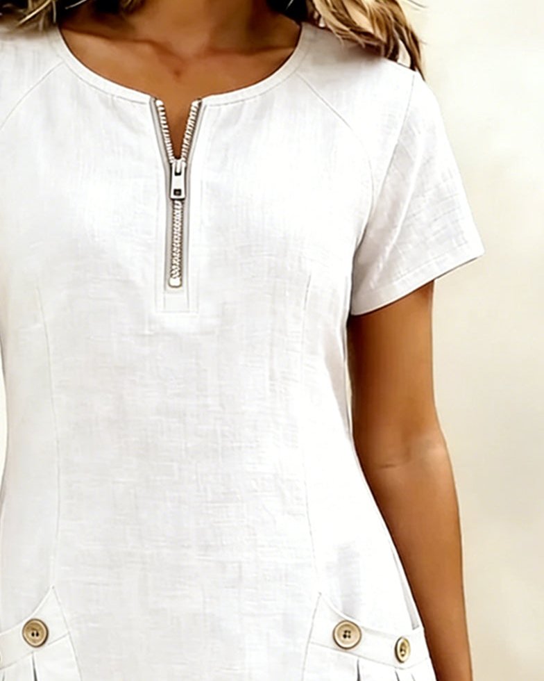 Womens Summer Dress in Linen with Half Zip Neck and Patch Pockets