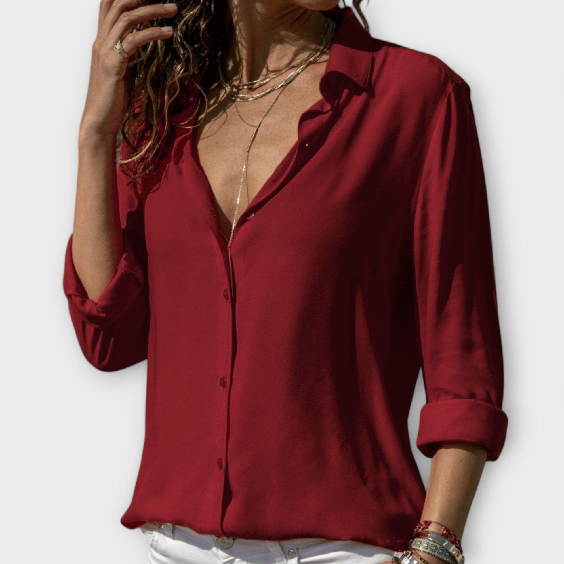 Womens Button Up Shirt with Point Collar and Long Cuffed Sleeves