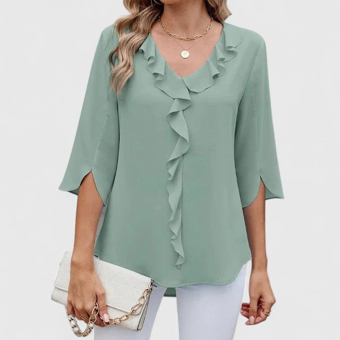 Womens Work Blouse with Ruffle Front V-Neck and Split 3/4 Sleeves
