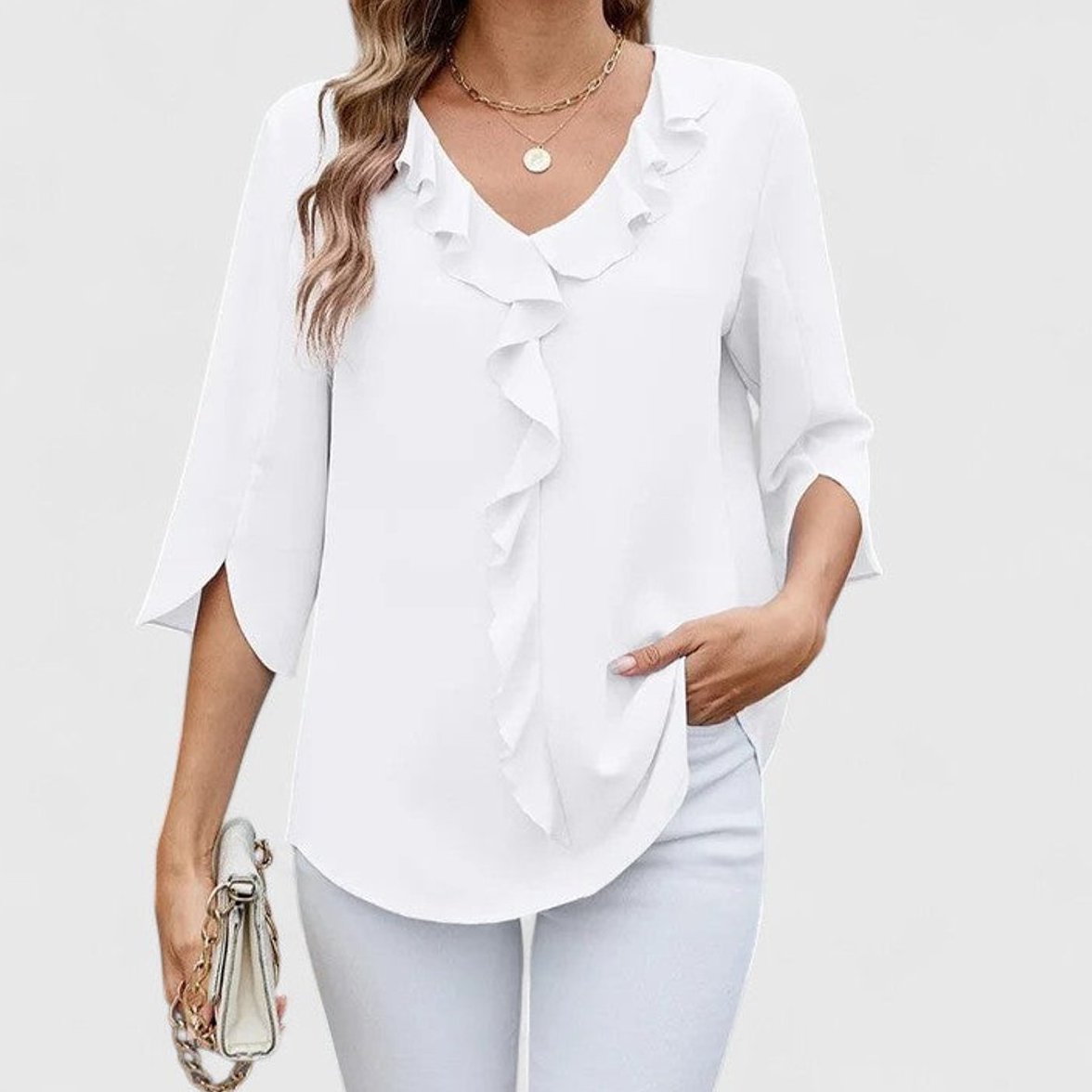 Womens Work Blouse with Ruffle Front V-Neck and Split 3/4 Sleeves