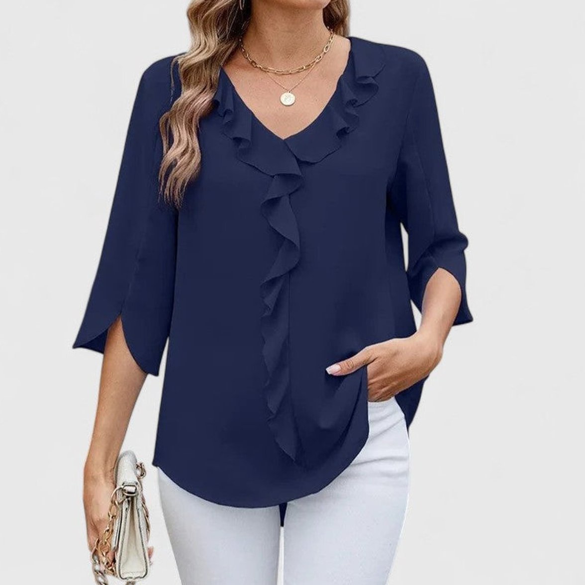 Womens Work Blouse with Ruffle Front V-Neck and Split 3/4 Sleeves