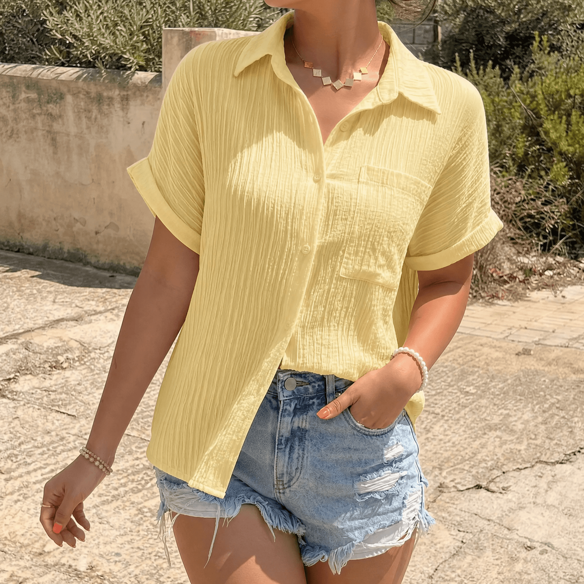 Womens Short Sleeve Blouse in Crinkle Woven Fabric with Relaxed Fit