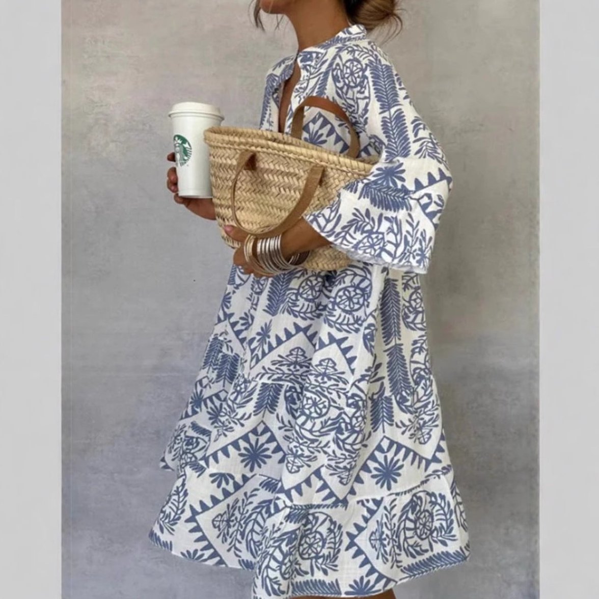 Womens Shirt Dress with Slit Collar and 3/4 Sleeves in Linen Look