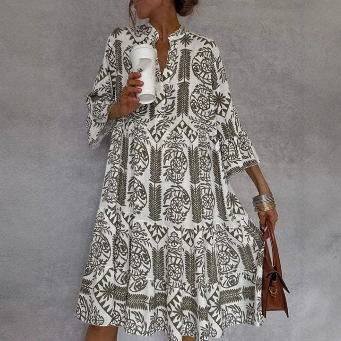 Womens Shirt Dress with Slit Collar and 3/4 Sleeves in Linen Look
