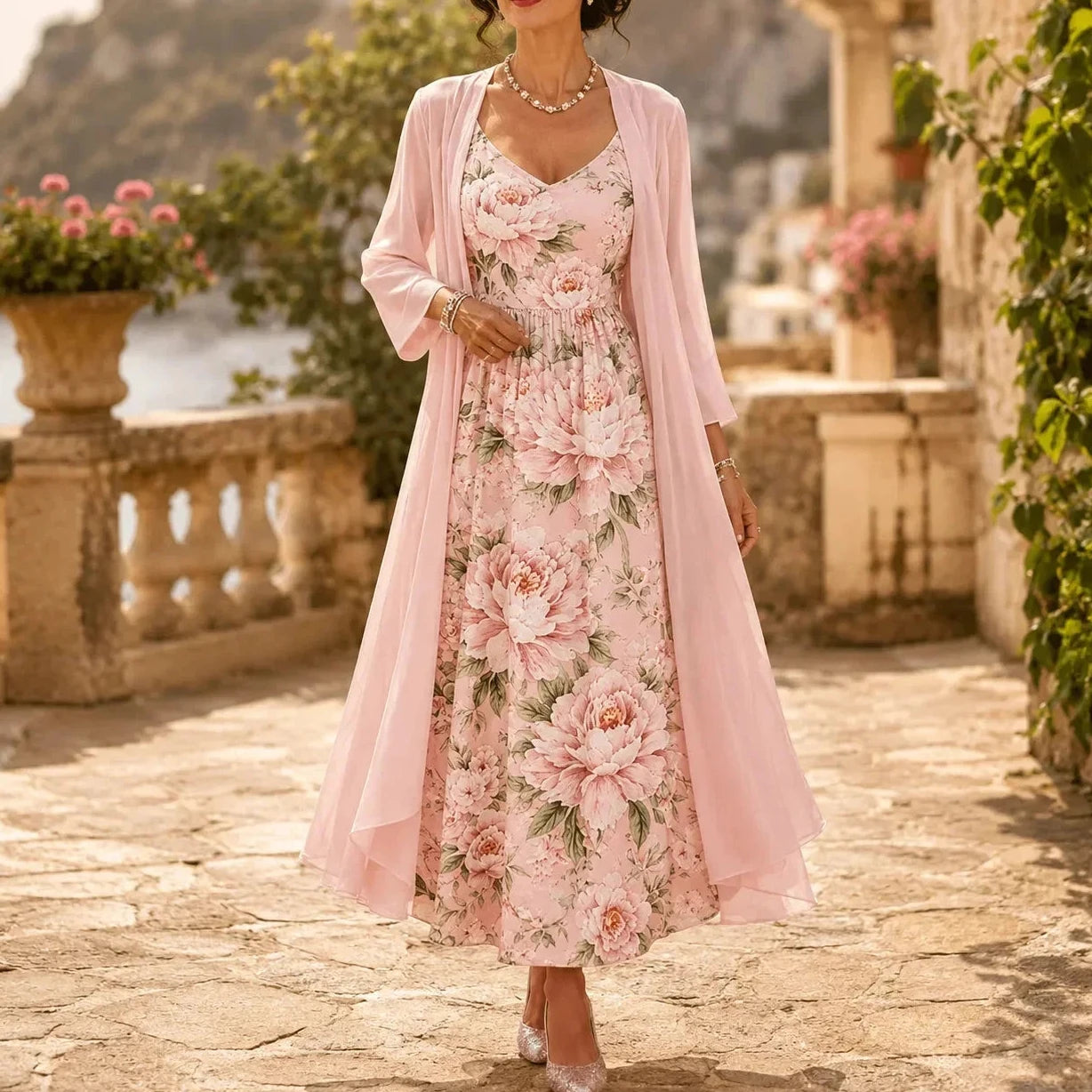 Floral Maxi Dress Two-Piece Set with Sheer Chiffon Duster for Women