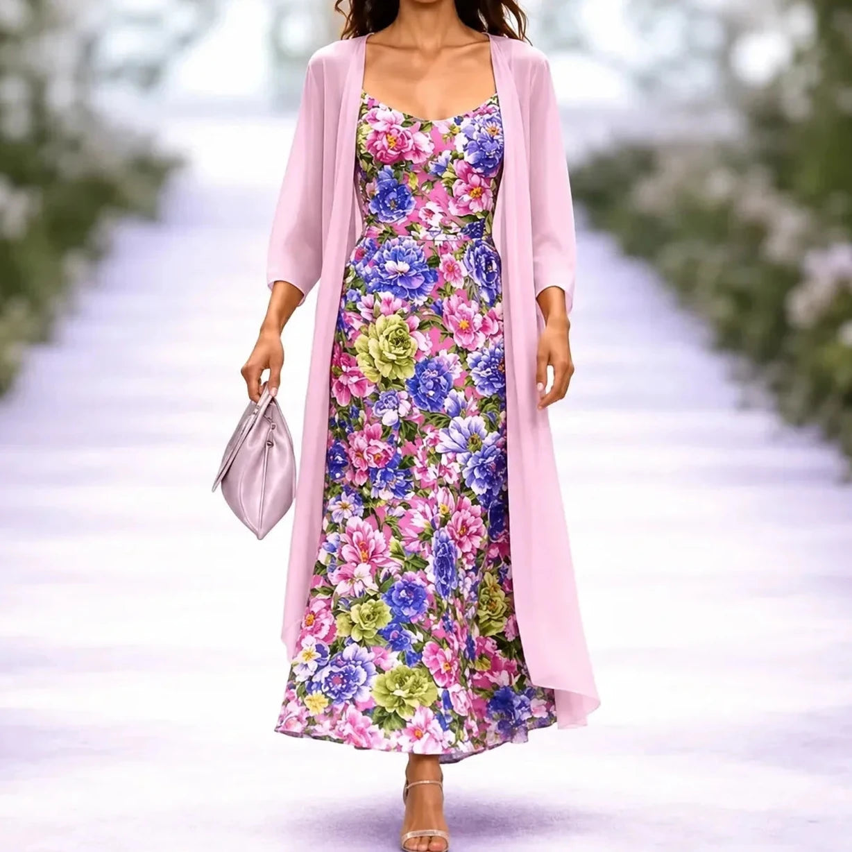 Floral Maxi Dress Two-Piece Set with Sheer Chiffon Duster for Women
