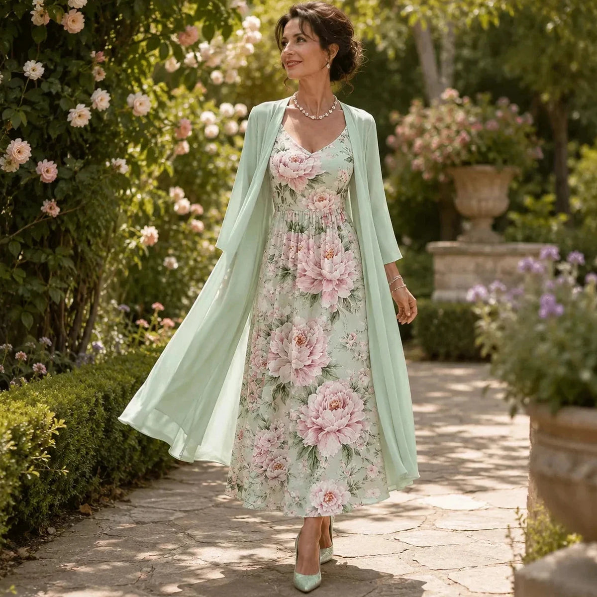 Floral Maxi Dress Two-Piece Set with Sheer Chiffon Duster for Women