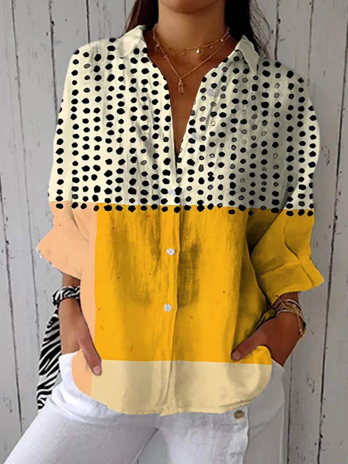 Womens Long Sleeve Shirt with Polka Dot Colour Block Linen Look