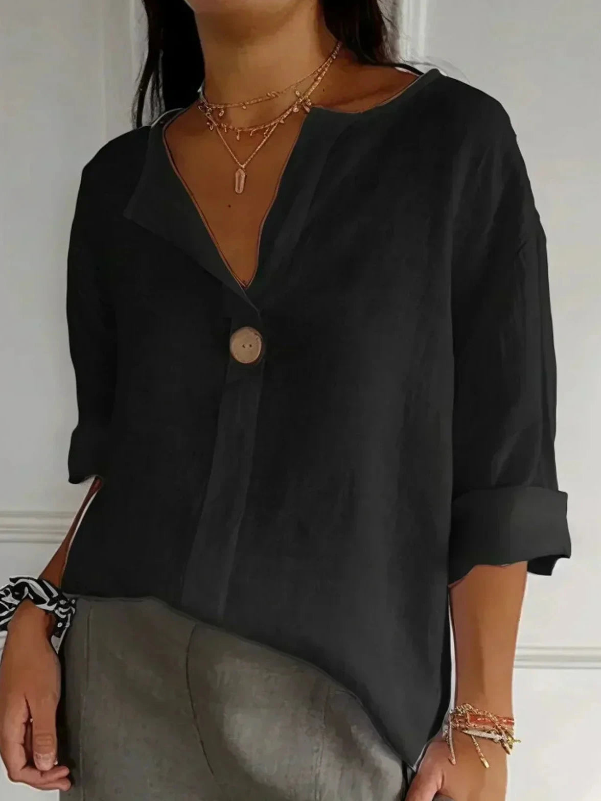 Womens Casual Blouse with V-Neck, 3/4 Sleeves and Linen Look