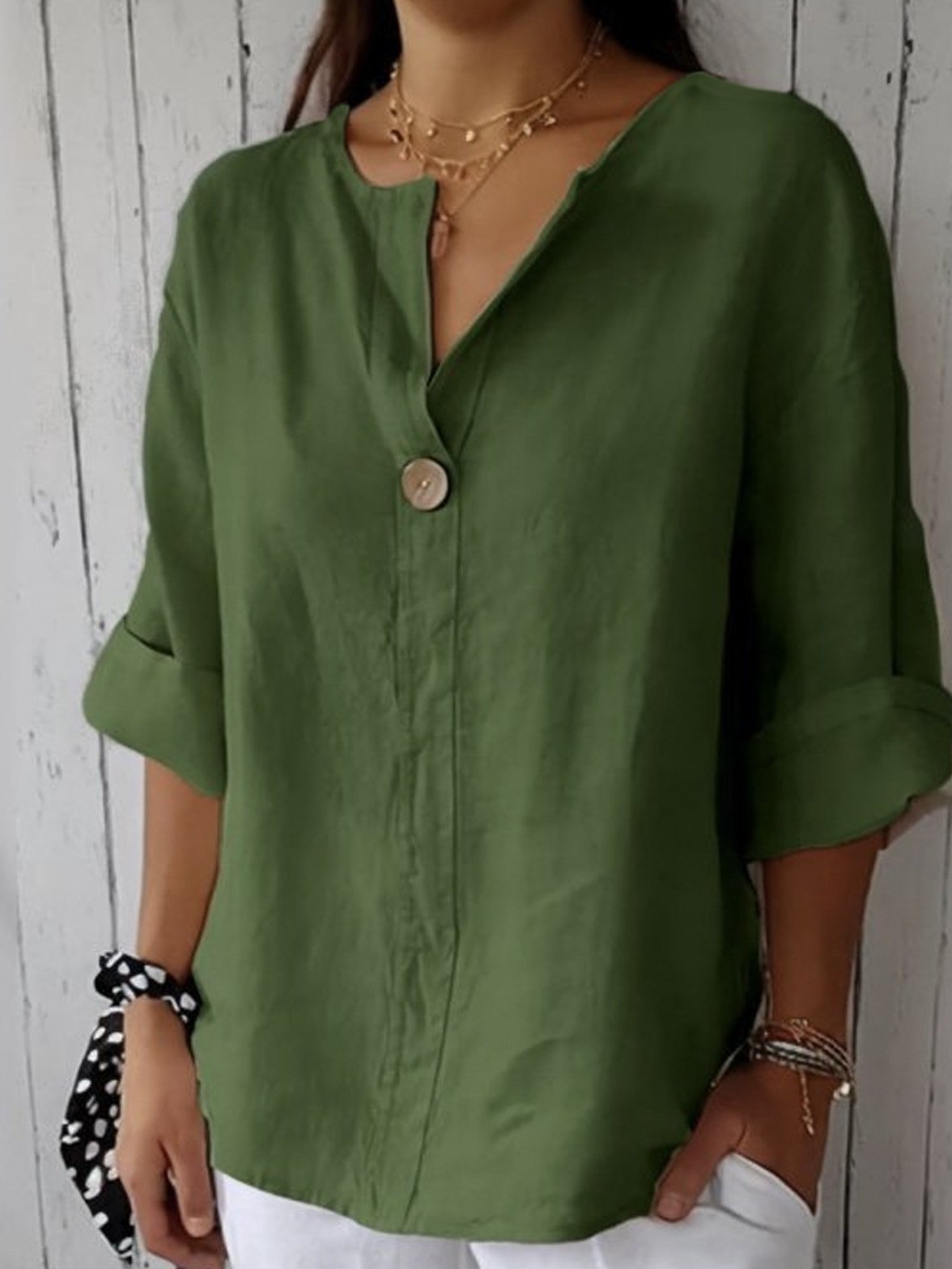 Womens Casual Blouse with V-Neck, 3/4 Sleeves and Linen Look