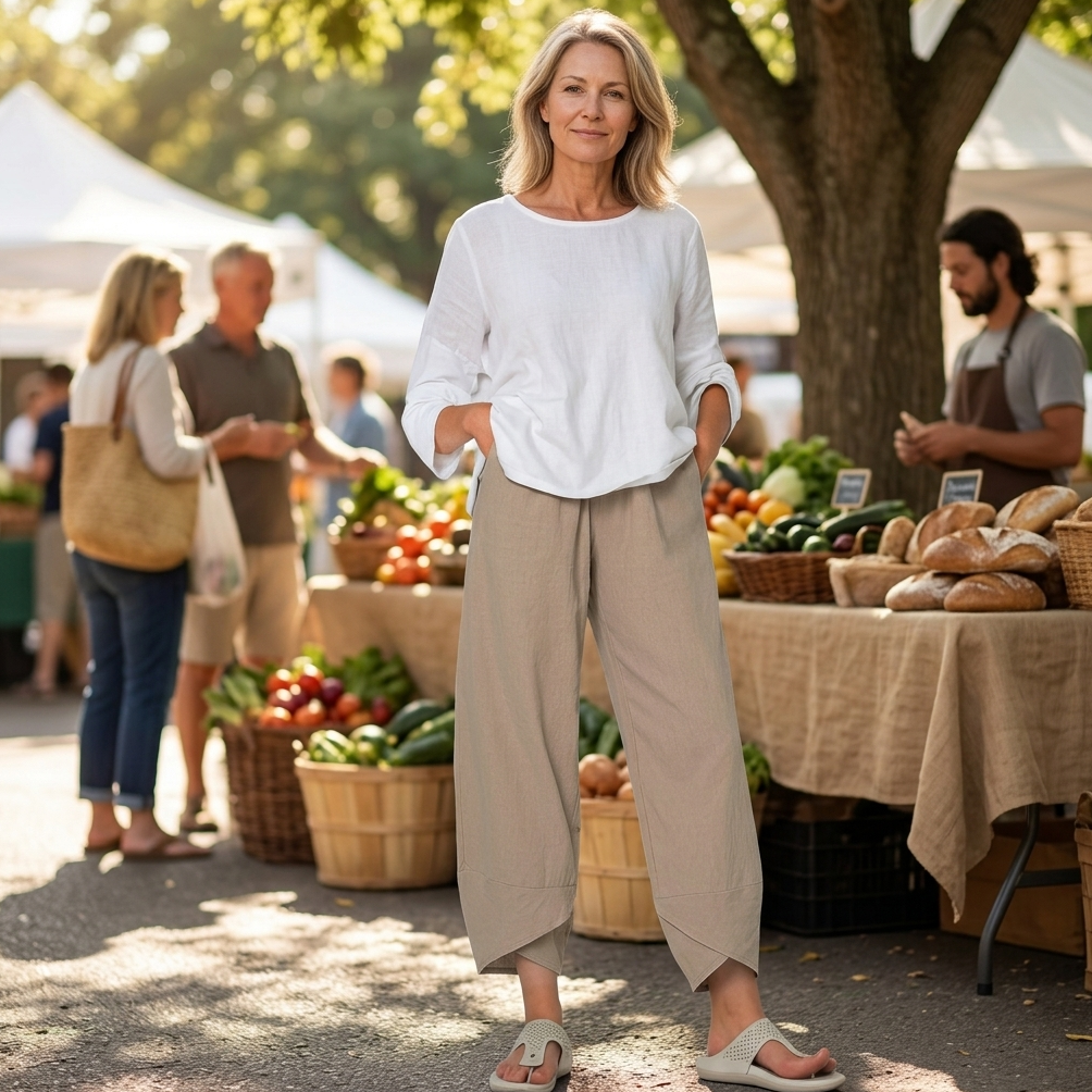 Womens Linen Trousers with Wide Leg, Cropped Length and Pockets